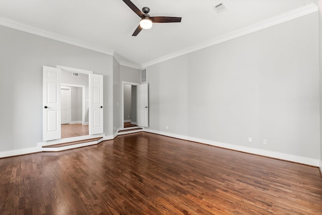 unfurnished bedroom featuring hardwood / wood-style floors, ceiling fan, and crown molding