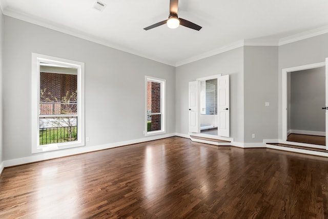 interior space with ceiling fan, crown molding, and hardwood / wood-style floors