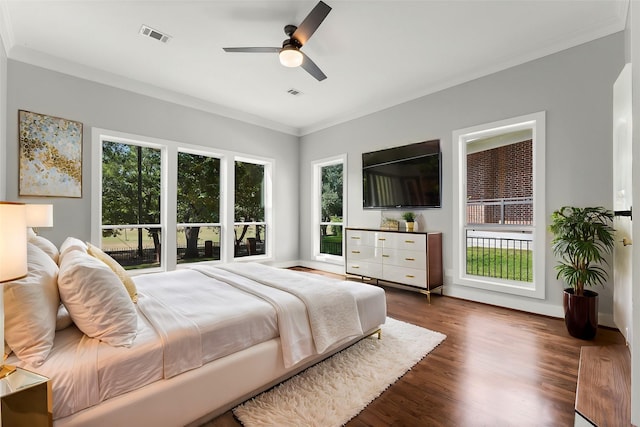 bedroom with dark hardwood / wood-style flooring, ceiling fan, crown molding, and multiple windows