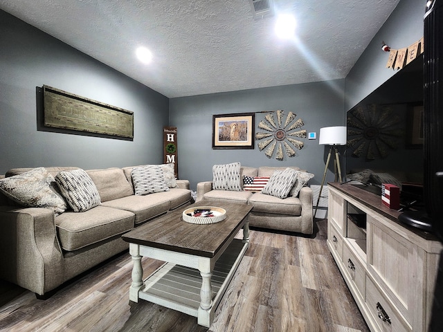 living room featuring a textured ceiling and wood-type flooring