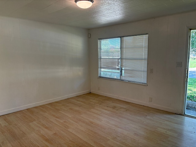 empty room with wood walls and light hardwood / wood-style floors