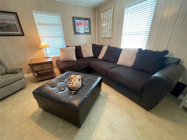 living room featuring wooden walls