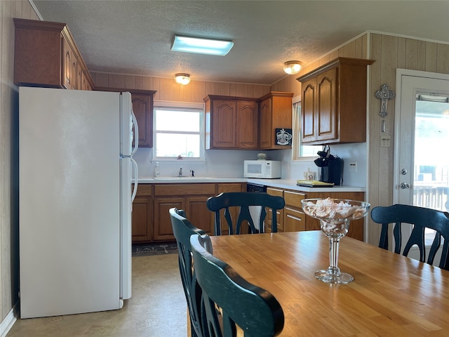 kitchen featuring white appliances, a textured ceiling, a healthy amount of sunlight, and sink