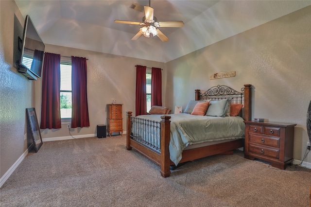 carpeted bedroom featuring ceiling fan and lofted ceiling