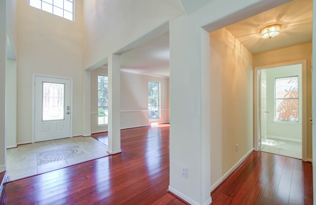 entrance foyer featuring crown molding, a high ceiling, and hardwood / wood-style floors