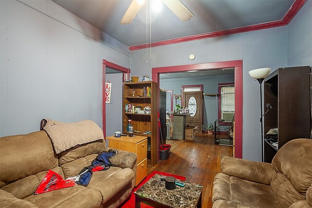 4995 Highland Ave, Beaumont, TX 77705 - living room featuring hardwood / wood-style floors, a ceiling fan, crown molding, and cooling unit