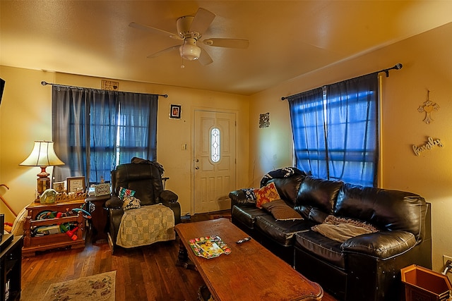 living room with ceiling fan and hardwood / wood-style floors