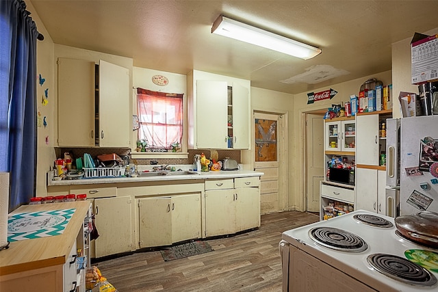 kitchen featuring light wood-type flooring and white appliances