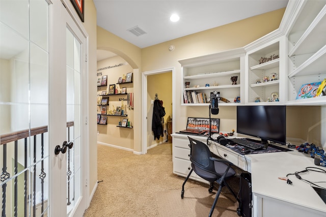 view of carpeted home office