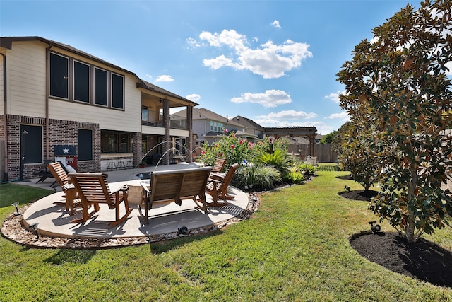 view of yard with a pergola, a balcony, an outdoor hangout area, and a patio area