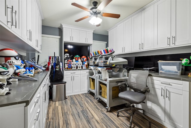 kitchen with hardwood / wood-style floors and white cabinetry