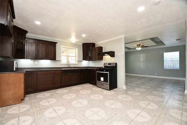 kitchen with sink, ceiling fan, dark brown cabinets, stainless steel appliances, and a textured ceiling