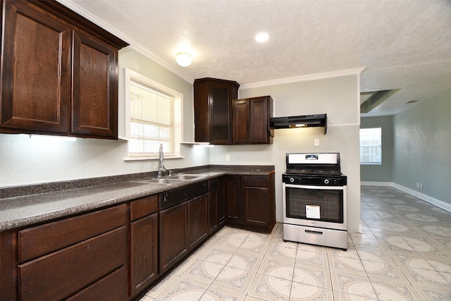 kitchen with dark brown cabinetry, sink, stainless steel range, and ornamental molding