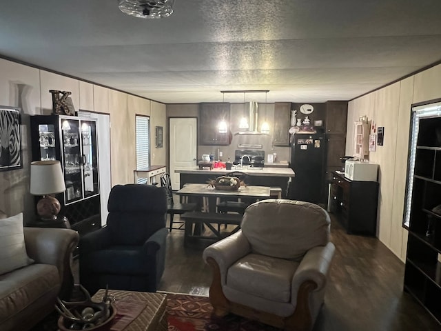 living room featuring hardwood / wood-style floors, wood walls, and sink