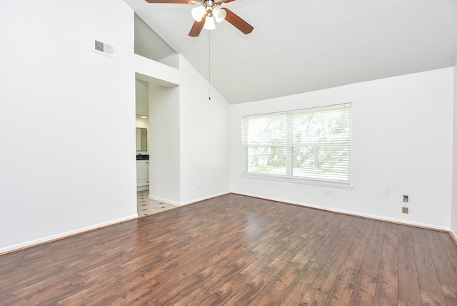 unfurnished room with high vaulted ceiling, wood-type flooring, a textured ceiling, and ceiling fan