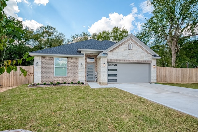 ranch-style house with a garage and a front lawn