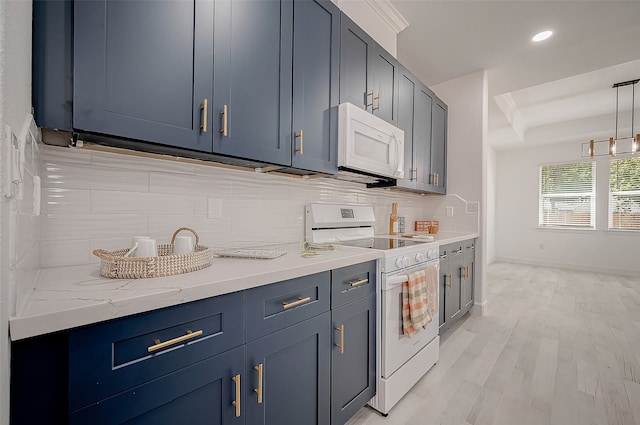 kitchen with an inviting chandelier, pendant lighting, white appliances, light hardwood / wood-style flooring, and backsplash