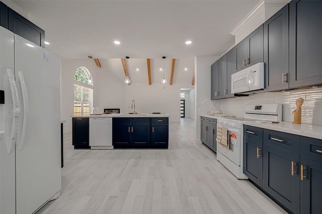 kitchen with light wood-type flooring, white appliances, decorative light fixtures, backsplash, and vaulted ceiling with beams