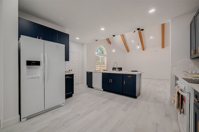 kitchen featuring lofted ceiling with beams, blue cabinetry, white appliances, light hardwood / wood-style flooring, and decorative light fixtures