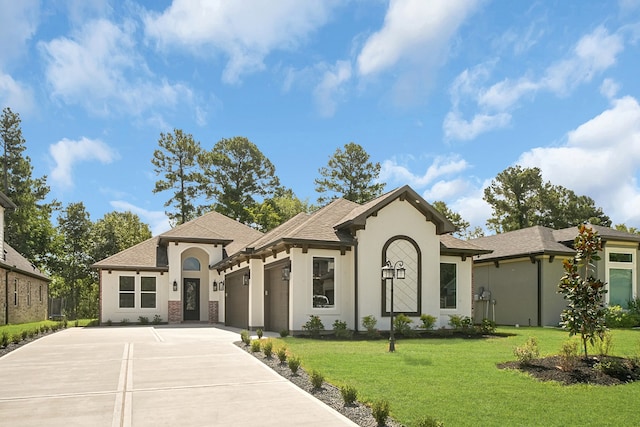 view of front of home featuring a front lawn and a garage