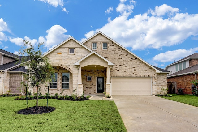 view of front of property with a front lawn and a garage