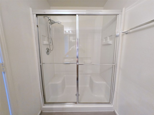 bathroom featuring a shower with shower door