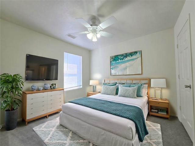 bedroom featuring carpet floors and ceiling fan