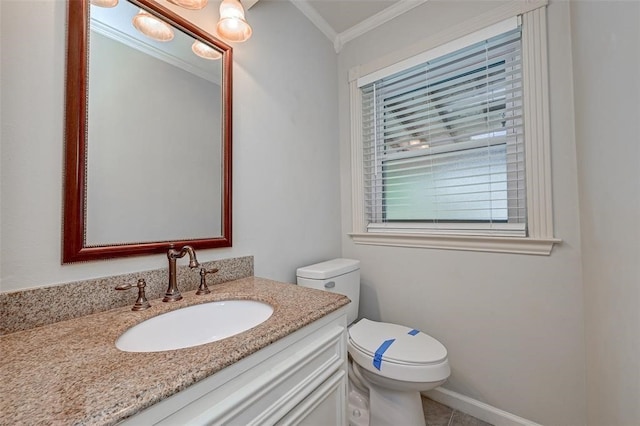 bathroom with ornamental molding, tile patterned floors, vanity, and toilet