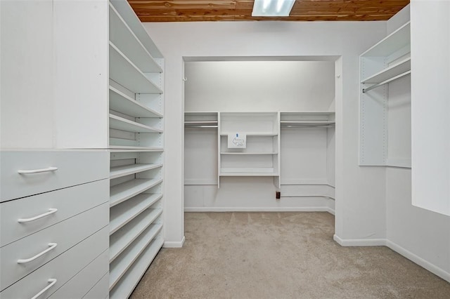 walk in closet with light carpet