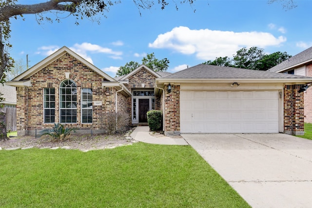 ranch-style house featuring a garage and a front lawn