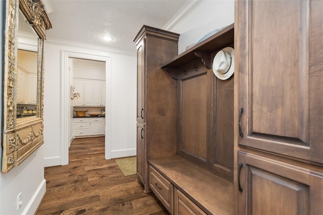 mudroom with ornamental molding, dark wood finished floors, a textured ceiling, and baseboards