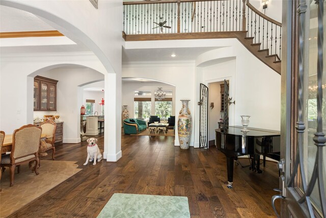 foyer with crown molding, dark hardwood / wood-style floors, and a towering ceiling