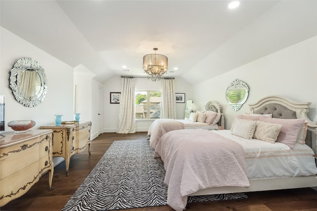 bedroom with baseboards, lofted ceiling, dark wood-type flooring, a notable chandelier, and recessed lighting