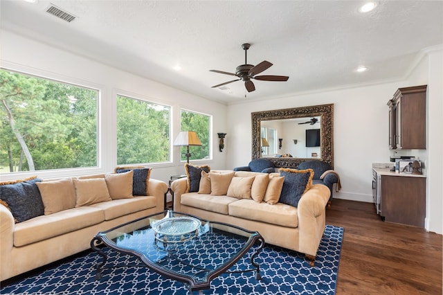 living room featuring a textured ceiling, visible vents, a ceiling fan, ornamental molding, and dark wood finished floors