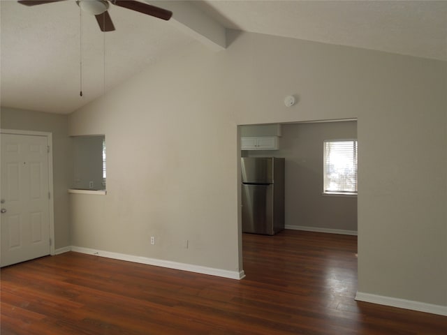 empty room featuring high vaulted ceiling, beam ceiling, ceiling fan, and dark hardwood / wood-style floors