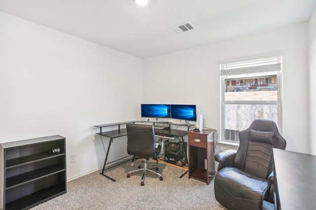 office area featuring light colored carpet