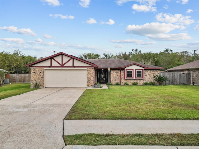 ranch-style house featuring a garage and a front yard