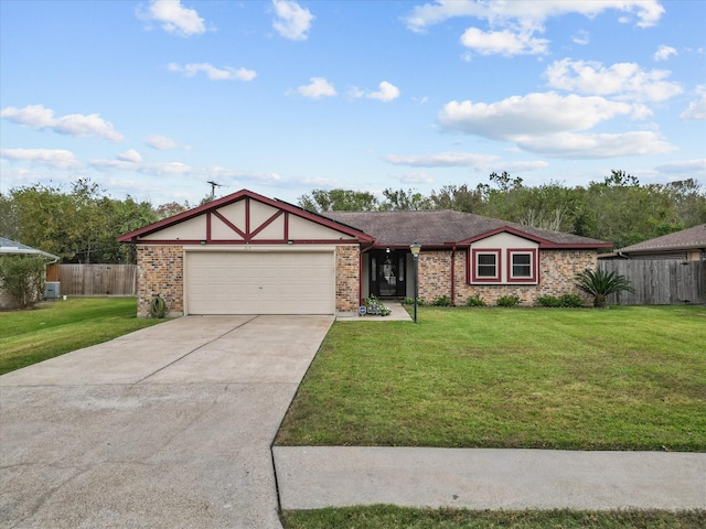 single story home featuring central AC unit, a front yard, and a garage