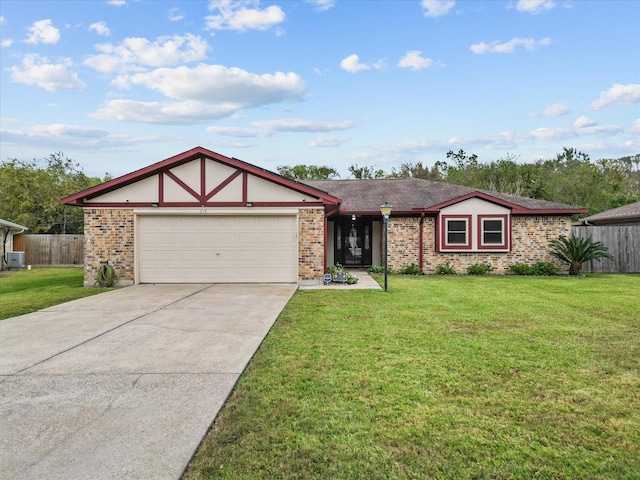 single story home featuring a garage and a front lawn