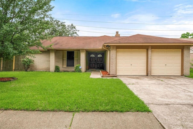 ranch-style house with a front yard and a garage