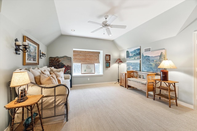 carpeted bedroom featuring vaulted ceiling, a ceiling fan, visible vents, and baseboards