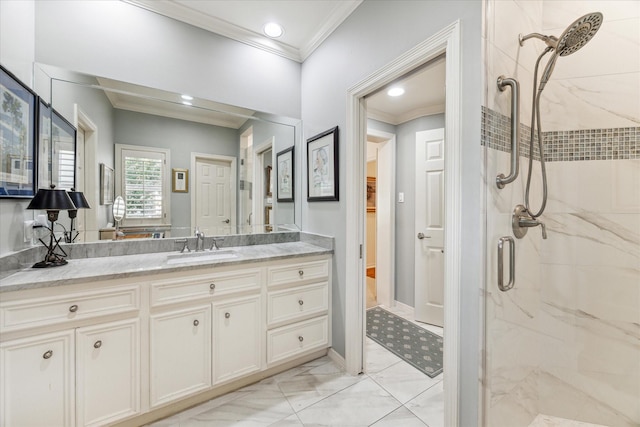 bathroom featuring recessed lighting, vanity, marble finish floor, ornamental molding, and a marble finish shower