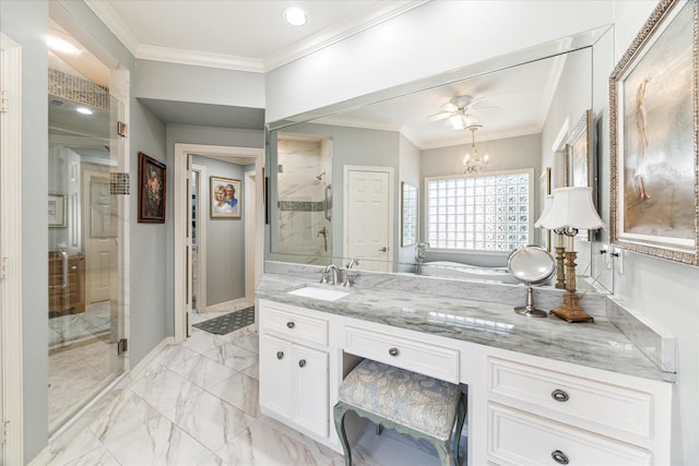 bathroom featuring a stall shower, ornamental molding, marble finish floor, and vanity