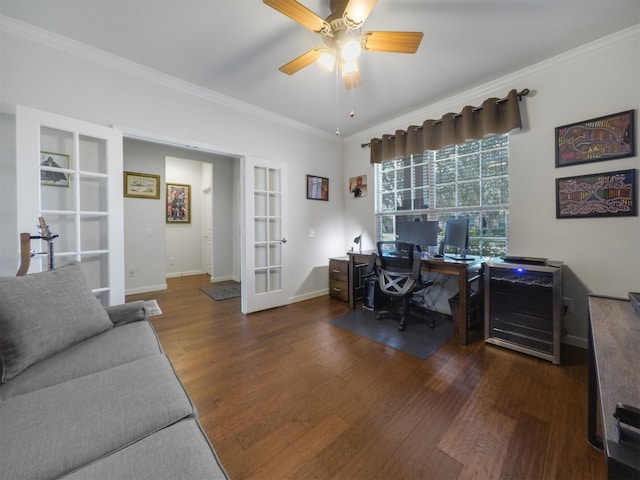 office area featuring french doors, ornamental molding, dark hardwood / wood-style flooring, and ceiling fan