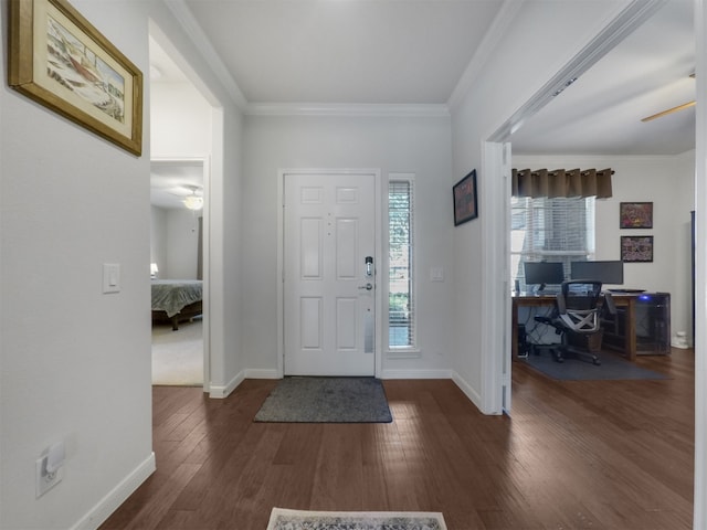 entryway featuring ceiling fan, dark hardwood / wood-style floors, and crown molding