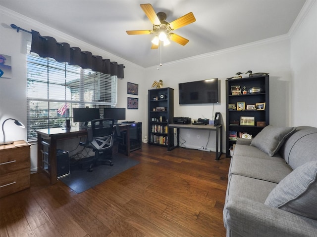 home office featuring ceiling fan, ornamental molding, and dark hardwood / wood-style flooring