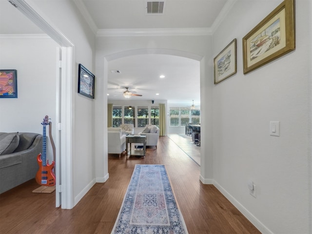 hall with crown molding and dark hardwood / wood-style flooring