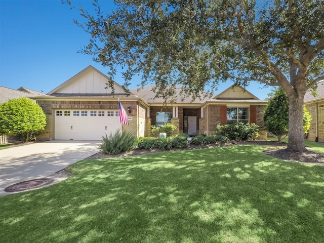 single story home with a front yard and a garage