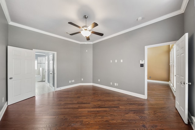 unfurnished bedroom with ceiling fan, crown molding, and dark hardwood / wood-style flooring