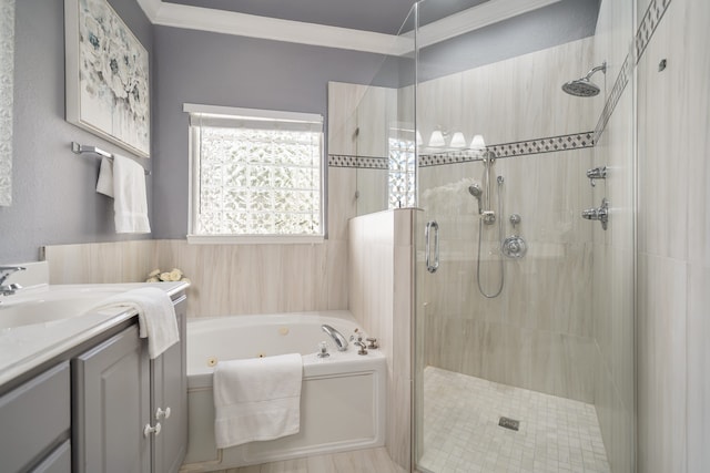 bathroom with ornamental molding, vanity, and separate shower and tub